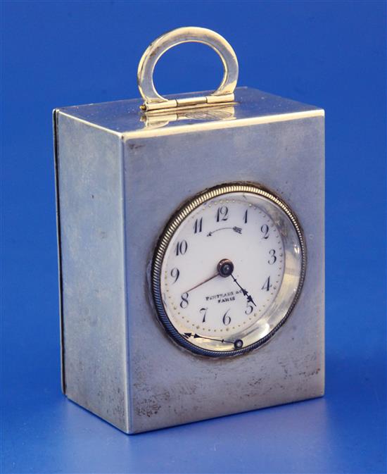 An early 20th century French 950 standard silver alarm carriage clock, 2.5in exc. ring handle.